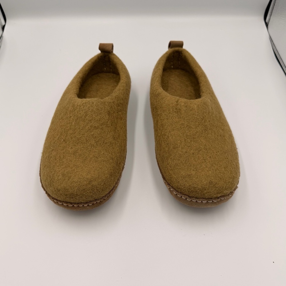 Felted Wool Leather Bottom Olive Green Bohemian Hippie Cozy Backless Slipper 10 - Picture 3 of 6